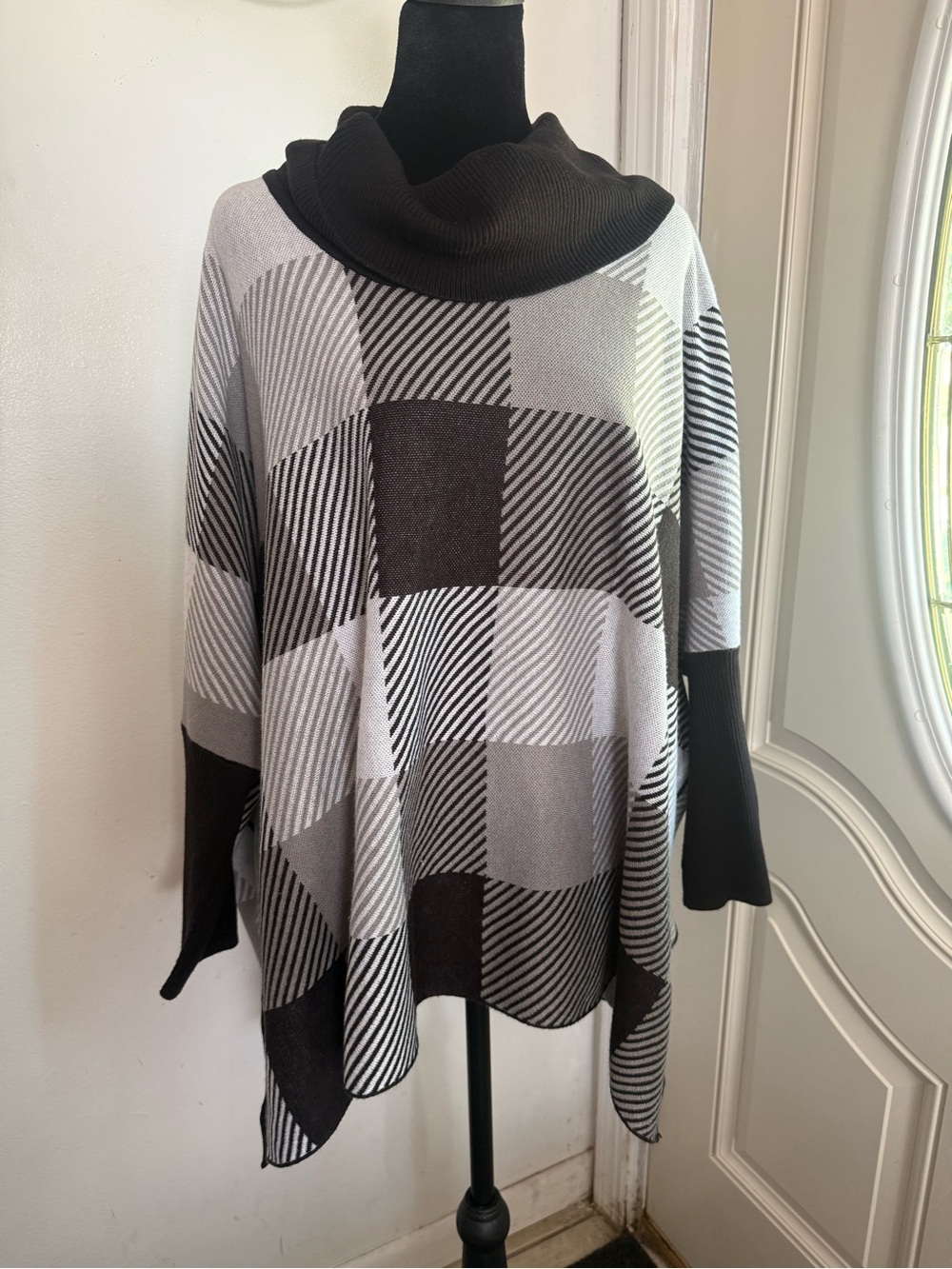 Calvin Klein Black & Gray Plaid Cowl Neck Sweater